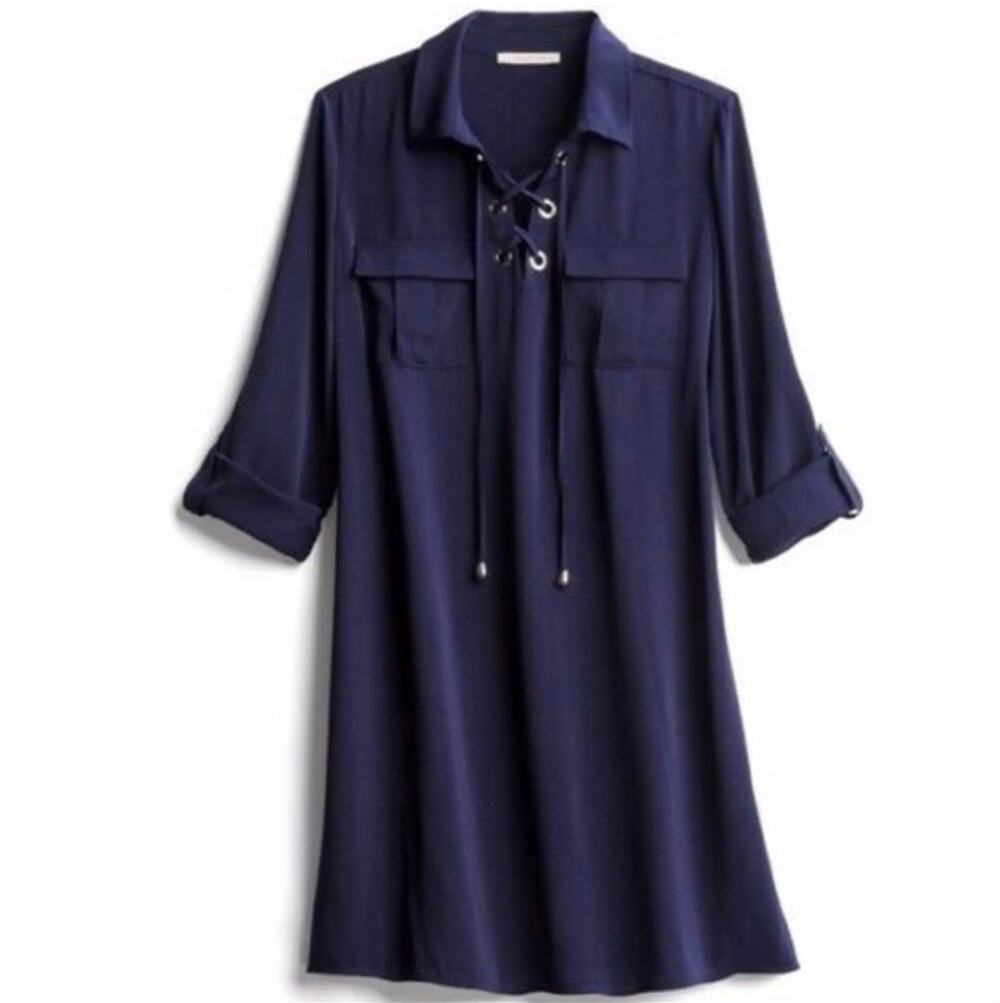 41 Hawthorn Nahara Navy Blue Shirt Dress Roll Tab Sleeves Size Large Office Knee
